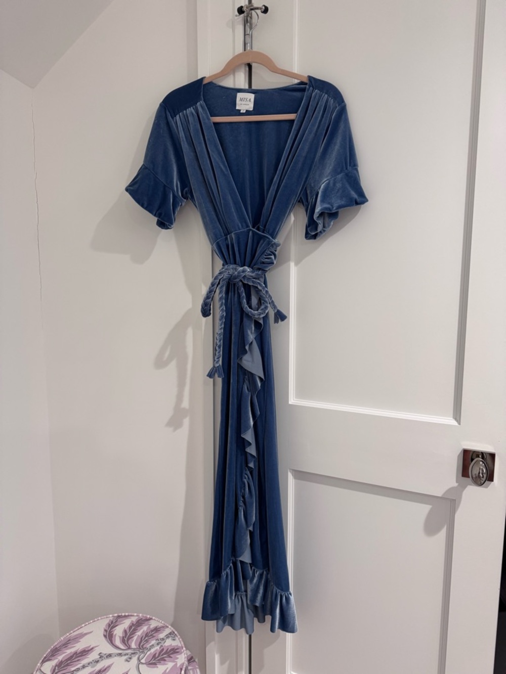 Misa Los Angeles Dusty Blue Velvet Wrap Dress